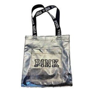 Victoria’s Secret PINK Mini Small Tote Cute Bag Bling Metallic Silver and Black